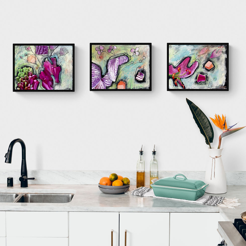 Thumbnail: set of three abstract painting in contemporary kitchen setting