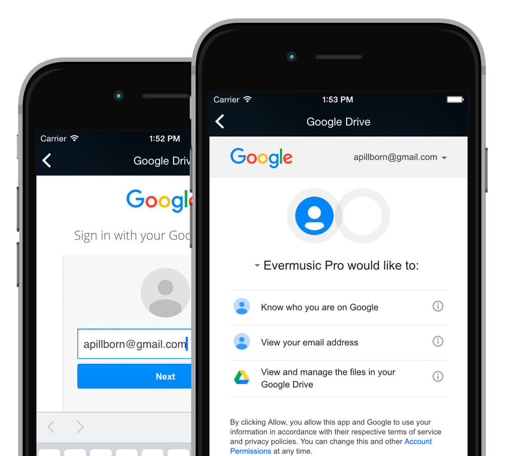 Evermusic: Enter login credentials