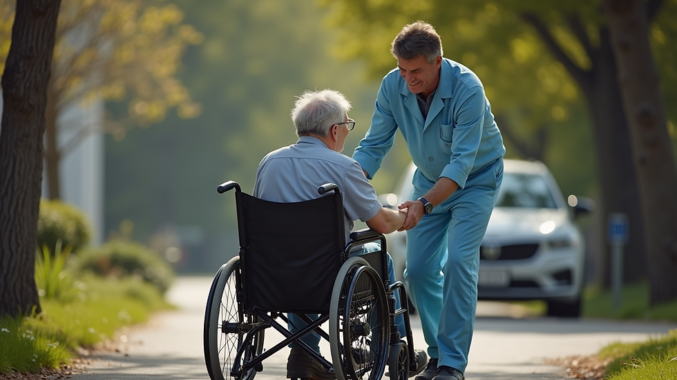 Eye-level view of a compassionate driver assisting a patient in a wheelchair