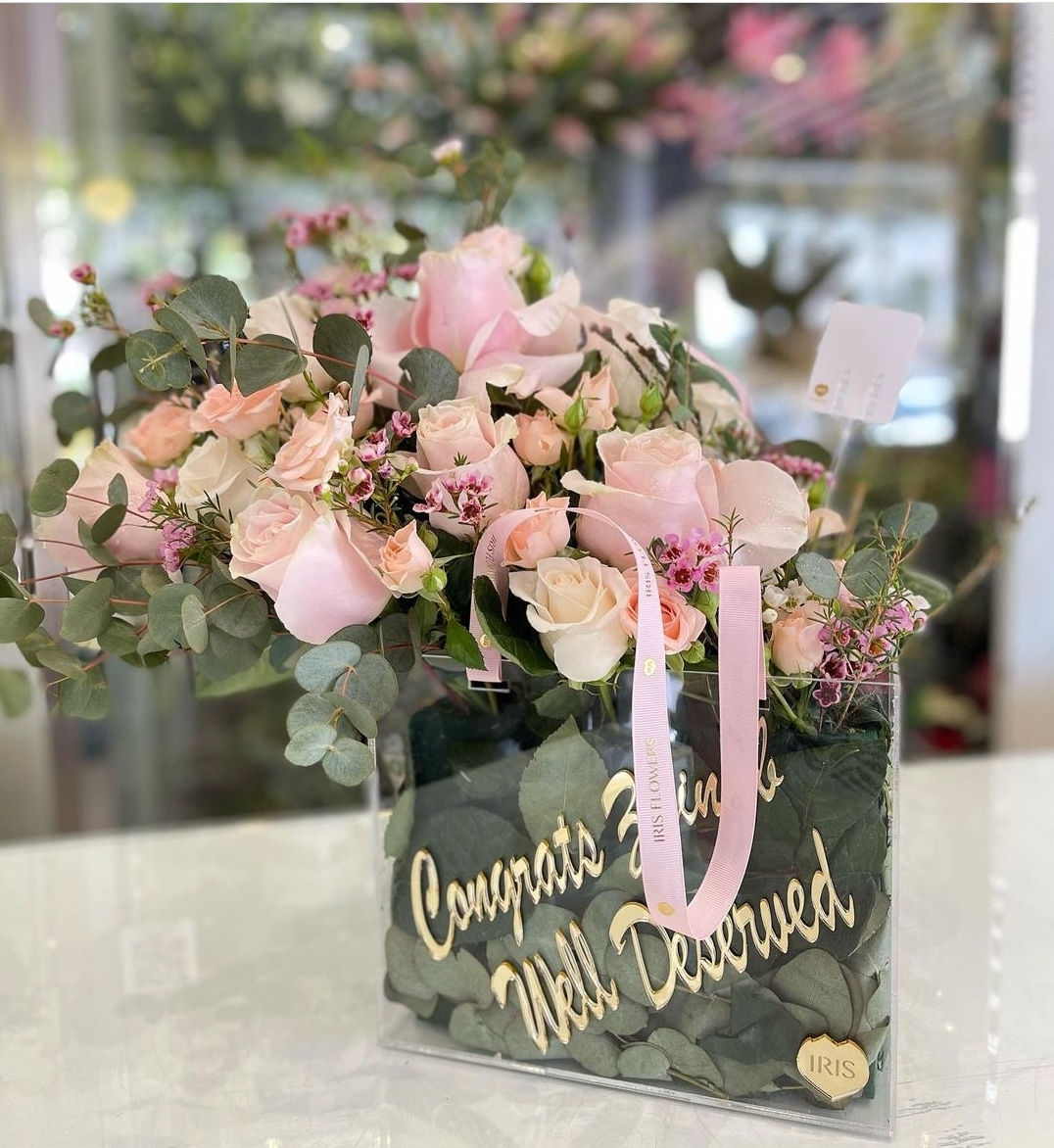 Acrylic flower bag with customised writing 