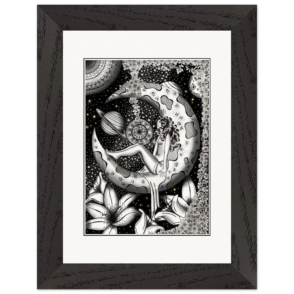 Thumbnail: Moonfull Things hand drawn ink and digital design by catieartworks framed prints
