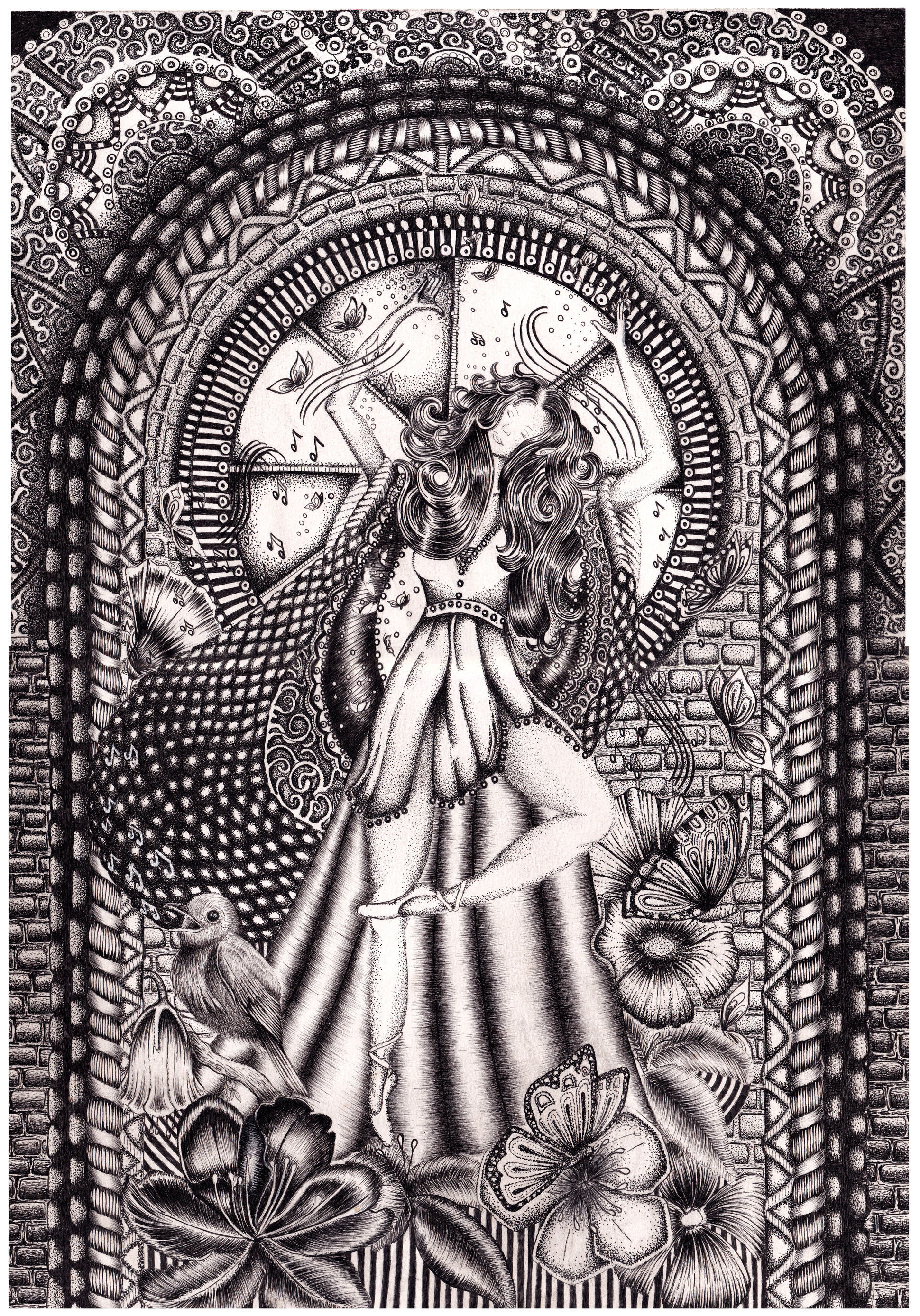 Her Mental Walls a hand drawn ink piece on A3 Paper