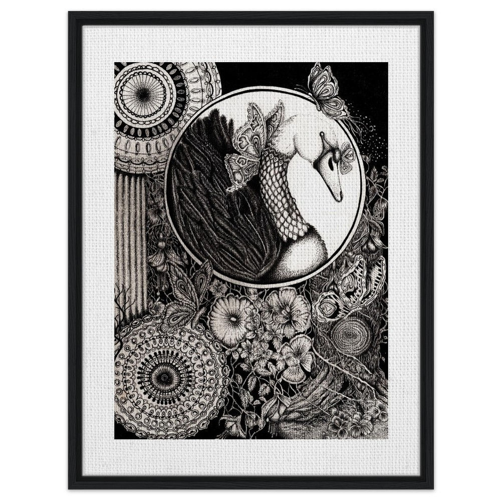 Framed Black Swan on Canvas Hand drawn ink print
