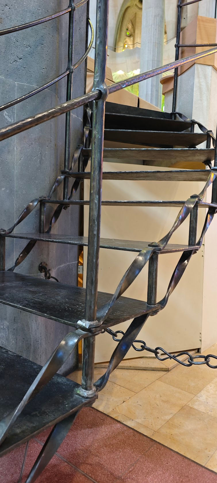 Metal stairs inside Sagrada Famiglia without pillars