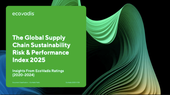 Green and black graphic cover for the “Global Supply Chain Sustainability Risk & Performance Index 2025” by EcoVadis. The title appears in white text on a green panel, with the subtitle “Insights from EcoVadis Ratings 2020–2024.” The background features flowing abstract wave shapes in shades of green, teal, and yellow, conveying a modern, data-driven sustainability theme.