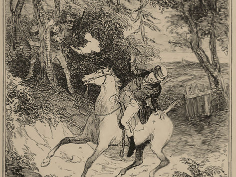 Black and whte old sketch of a well to do man on a horse being shot by man hiding in the trees