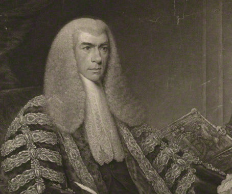 The Lord Chancellor in a detailed robe with a white wig sits in a dark room, holding a document. The mood is serious, with ornate patterns visible.