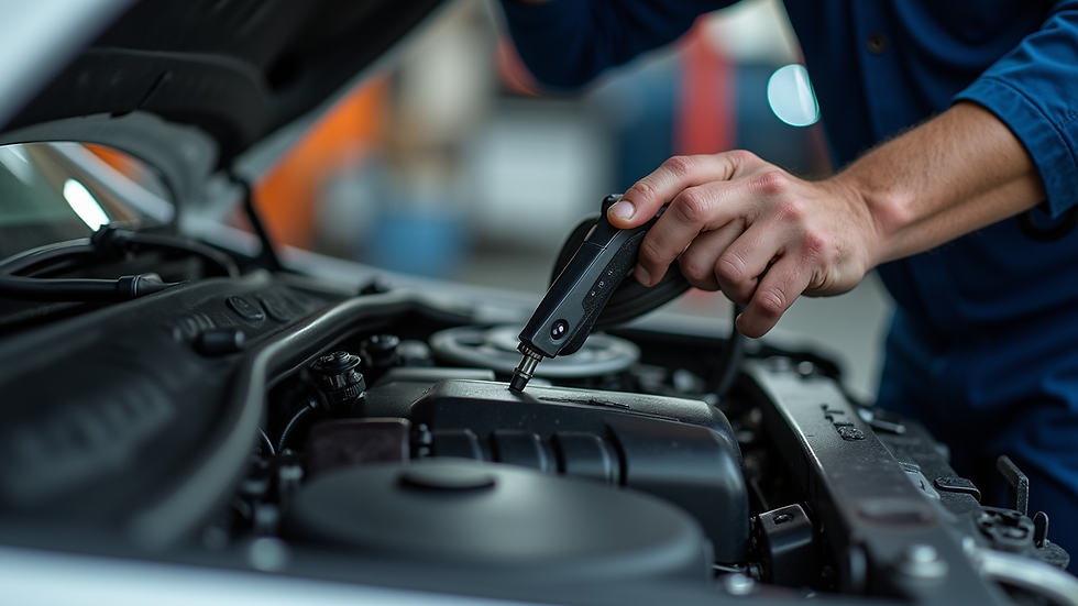Close-up view of a mechanic using diagnostic tools on a car engine