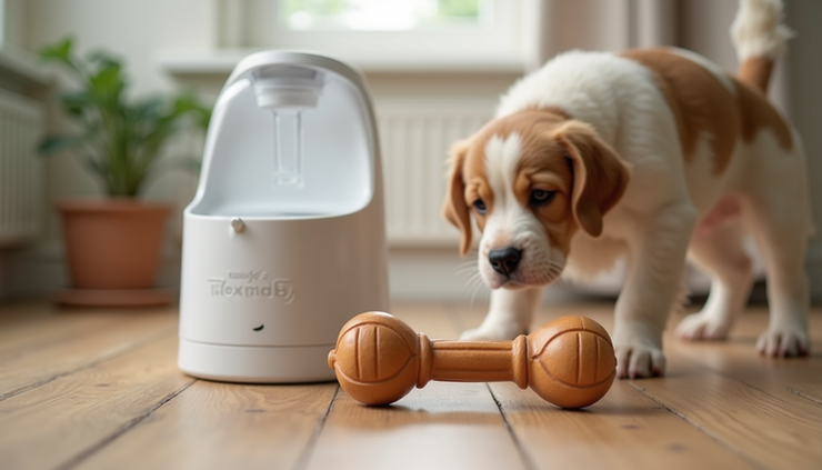 Eye-level view of a durable chew toy and automatic water dispenser set on a wooden floor