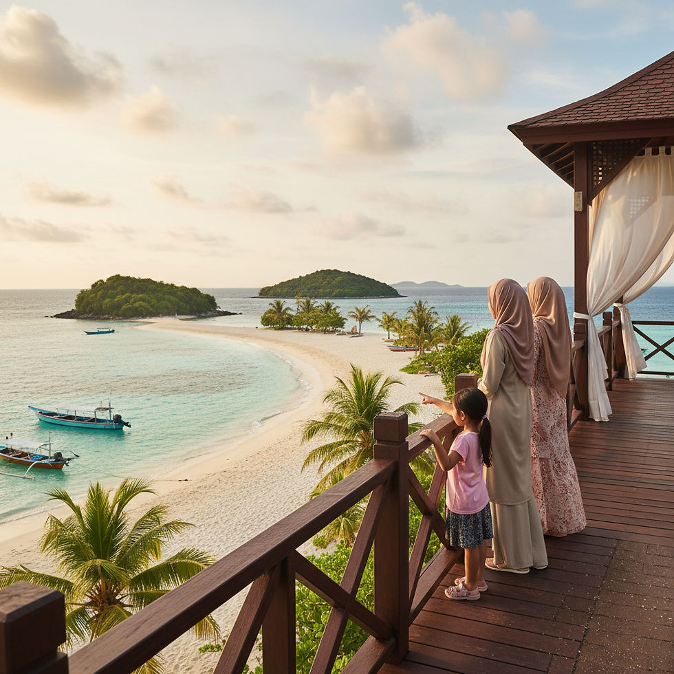 তিনজন নারী ও এক শিশু সমুদ্রের দিকে তাকিয়ে আছে, কাঠের বারান্দায় দাঁড়িয়ে। নীল জলরাশি, সবুজ দ্বীপ ও আকাশে সাদা মেঘ।