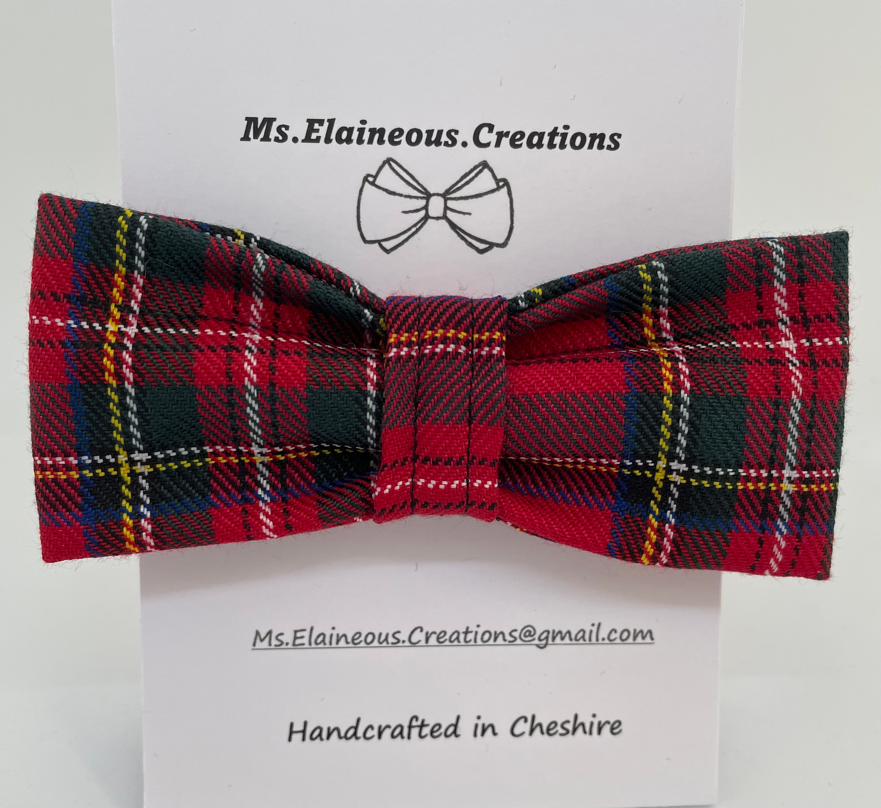 MEDIUM size dog bow in red tartan with white, yellow and black stripes