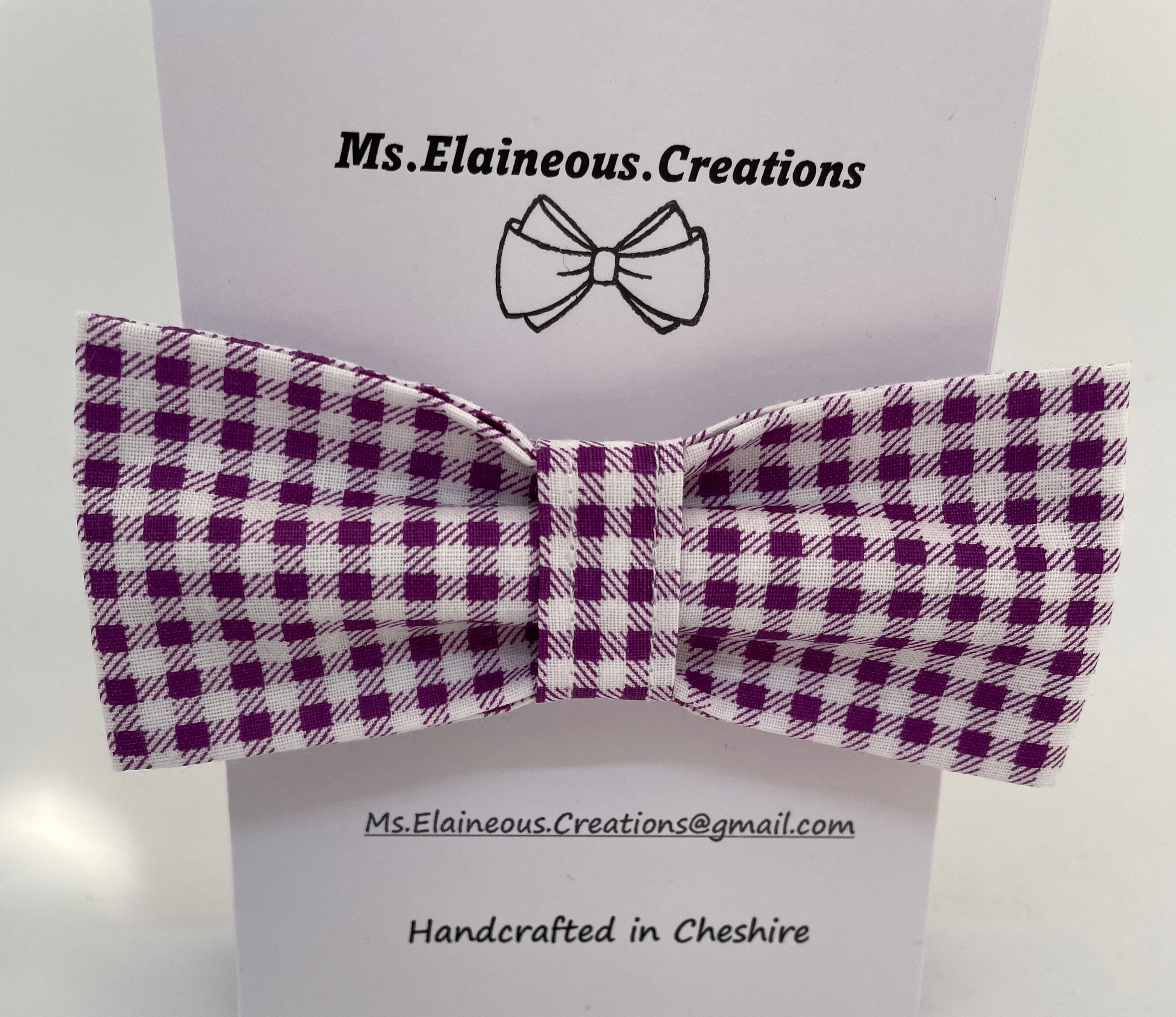 MEDIUM size dog bow in white with purple gingham