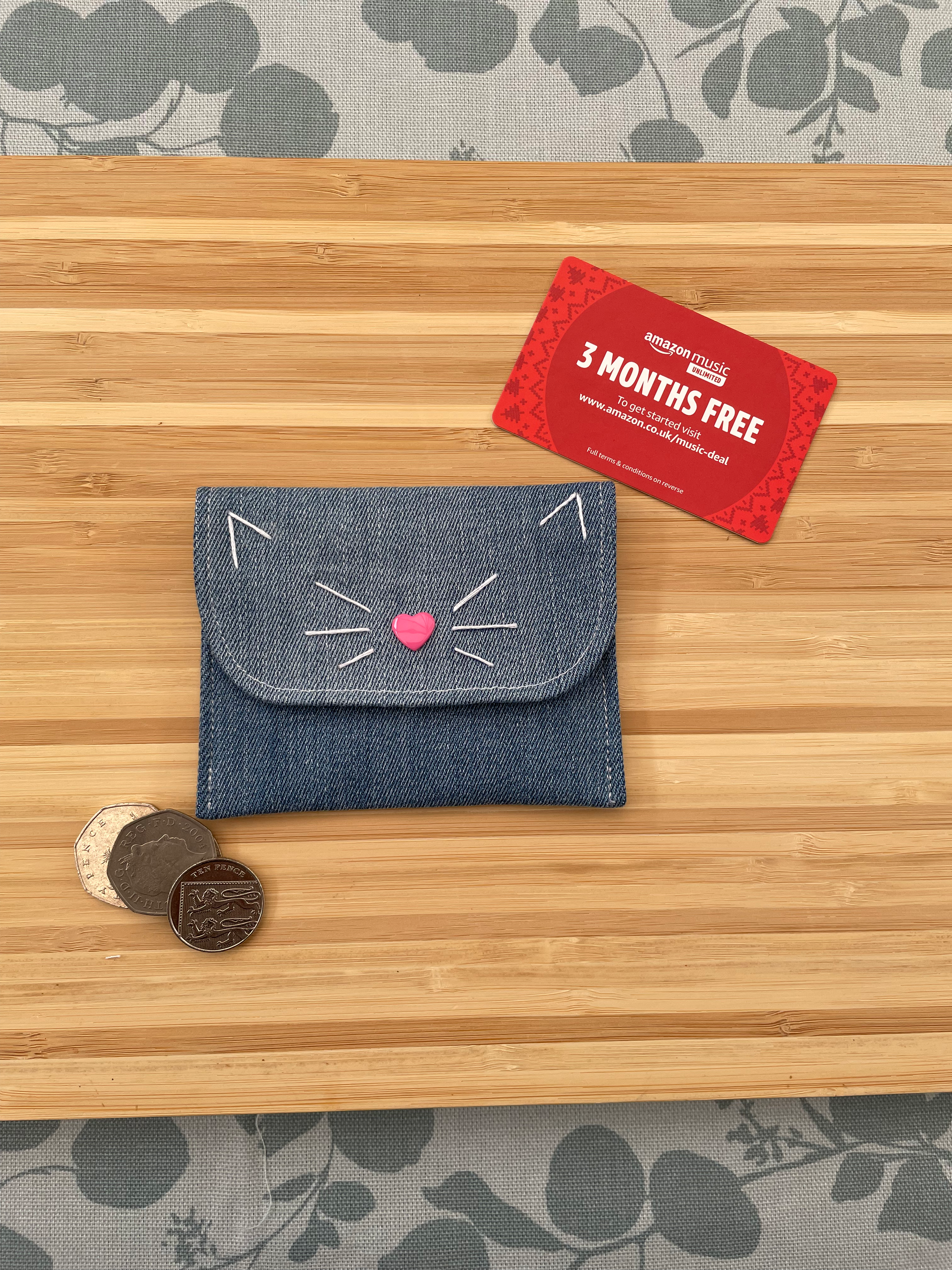 Upcycled denim cat face purse