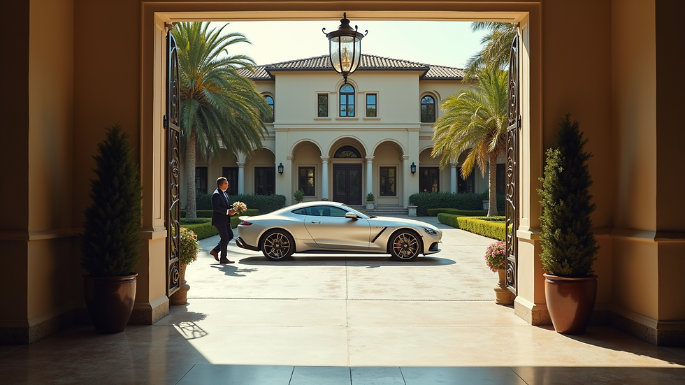 Wide angle view of a wedding venue entrance with valet parking in action