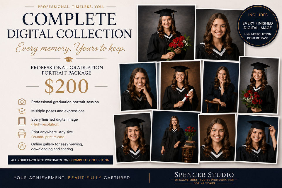 Spencer Studio Ottawa graduation portrait package comparison showing the $129 Graduate Portrait Package and the $200 Complete Digital Collection with professional graduation portraits, prints, and high-resolution digital portraits.