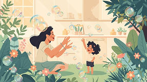 a mother and child playing bubbles