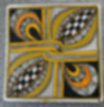 Black and white Zentangle tile with gold and copper accents by Christine Govan