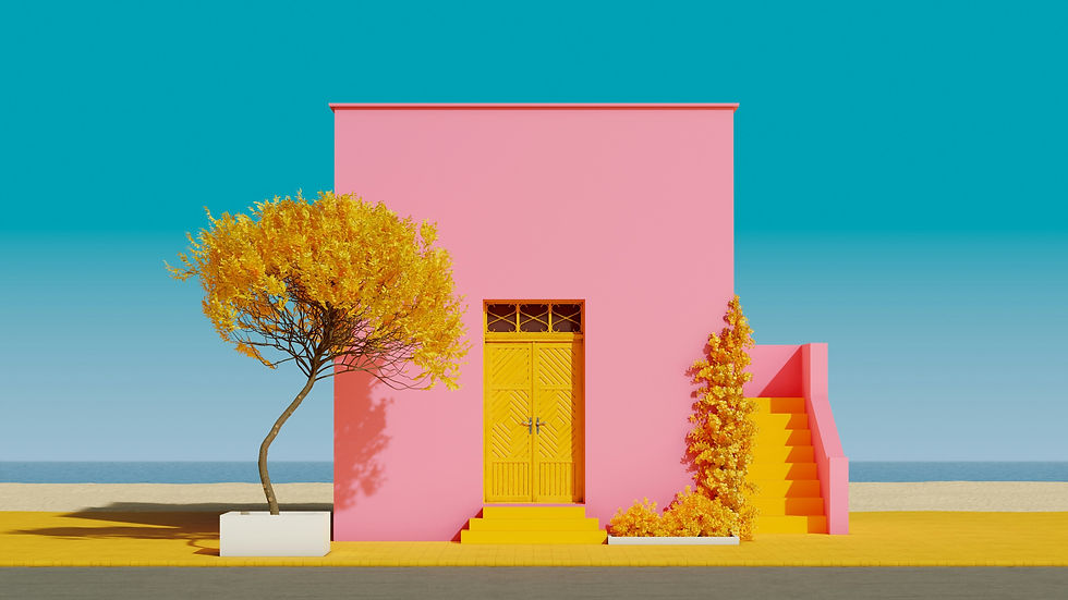 Knallrosa Haus ohne Fenster mit nur einer Tuer in knallgelb. Daneben steht ein gebogener Baum mit knallgelben Blaettern, vor einem hellblauen Himmel