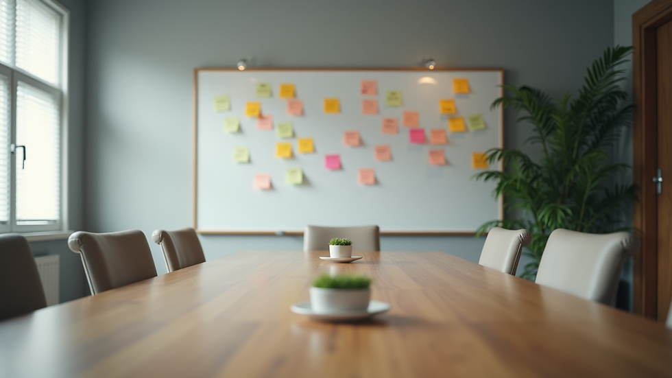 Eye-level view of a conference room with a Scrum board and sticky notes