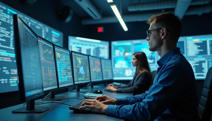 Eye-level view of a leader guiding a small team around a digital control panel