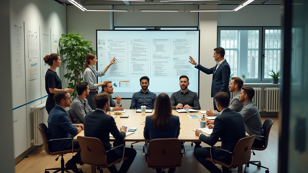High angle view of a large Agile team planning session with multiple Scrum boards