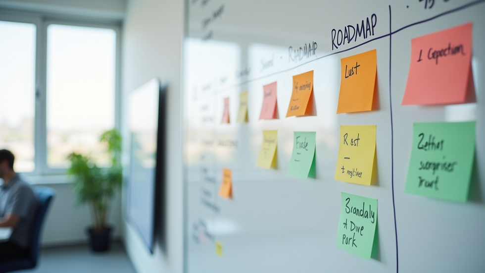 Eye-level view of a whiteboard with product roadmap and sticky notes