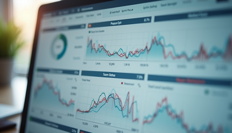 Eye-level view of a digital dashboard showing Agile sprint progress and task status