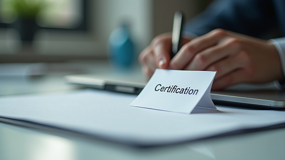 Close-up view of a certification badge on a desk