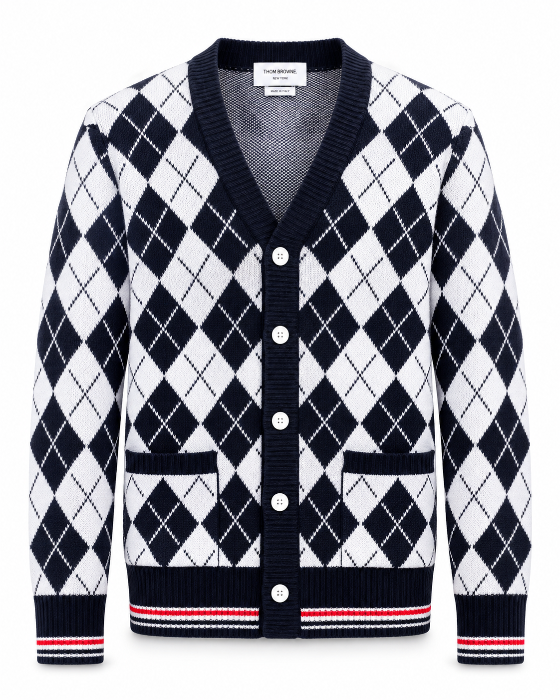 Thom Browne Argyle Cardigan – Navy and White