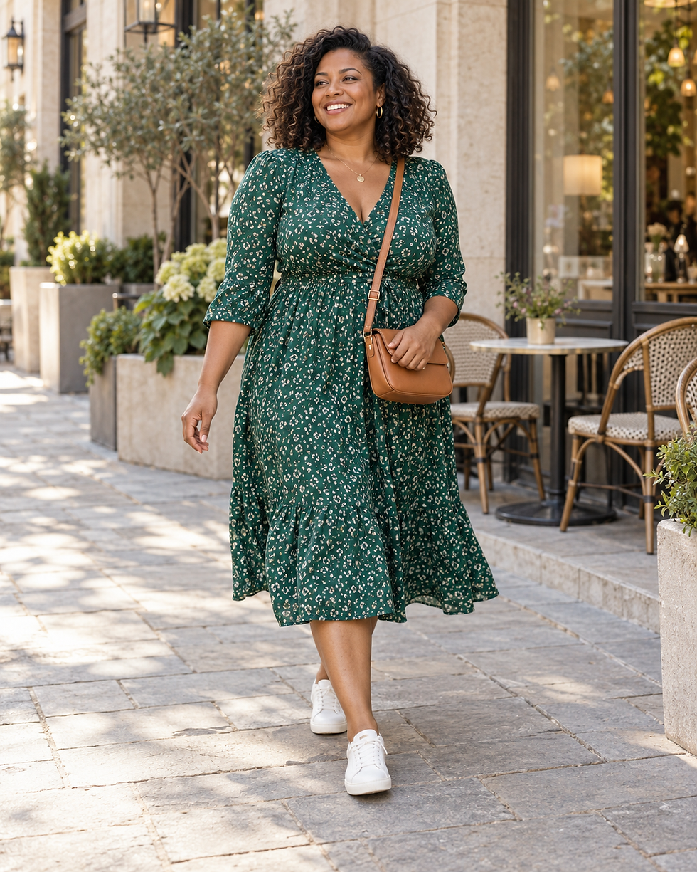 Woman wearing an emerald printed midi dress and clean white sneakers.