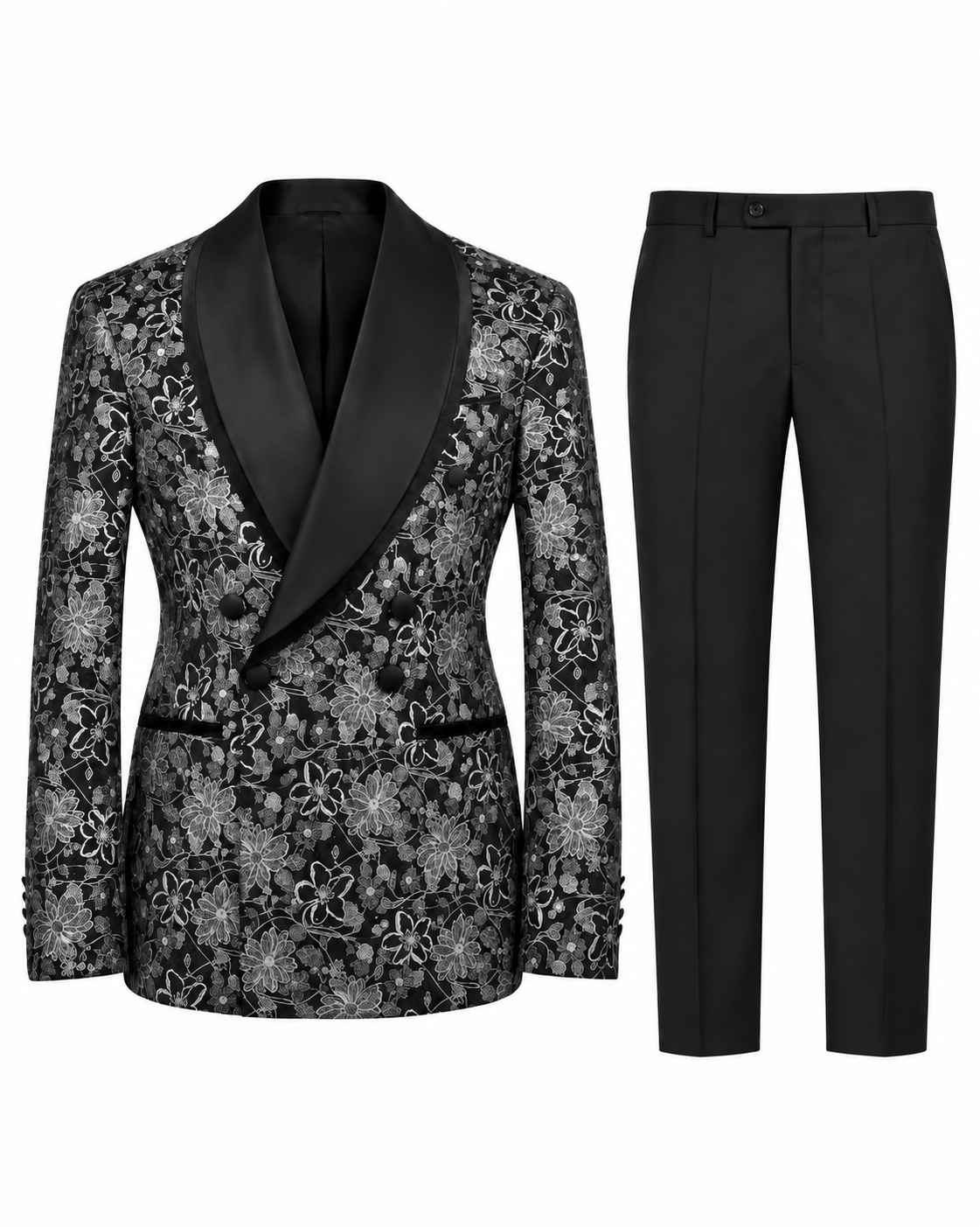 Bloom Royale Floral Brocade Tuxedo – Black and Silver
