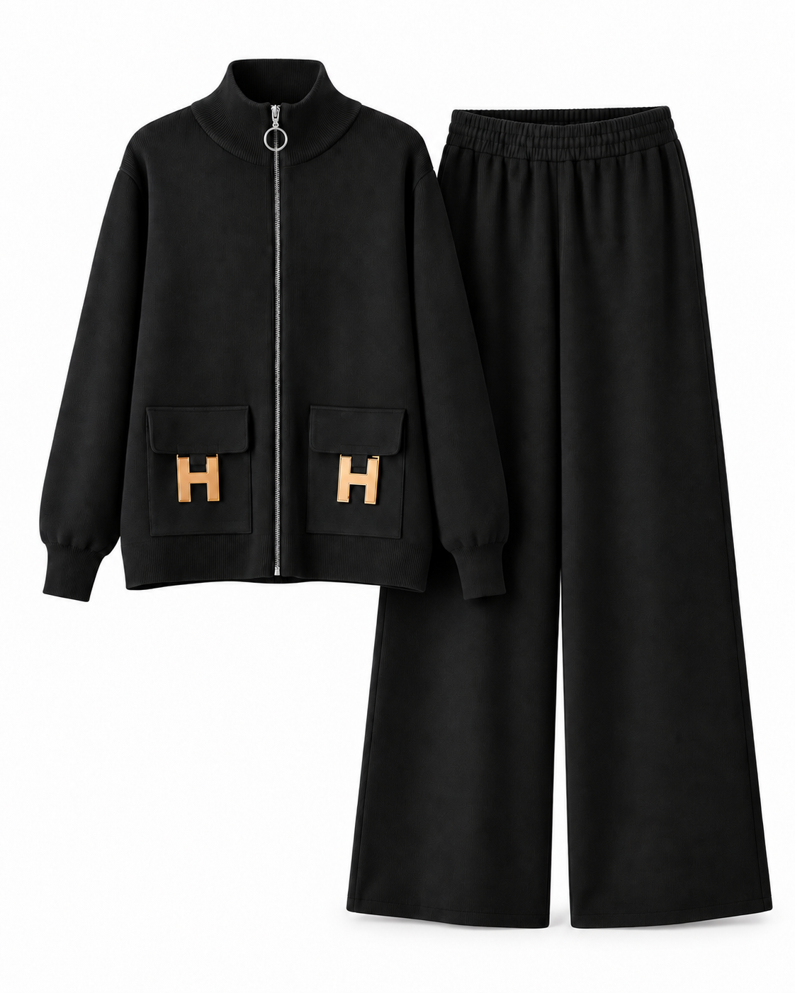 Gold Hardware Zip Knit Set – Black