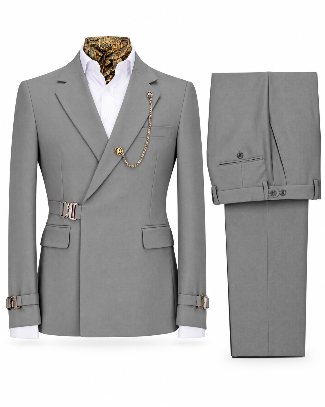 Silver Cinch-Waist Two-Piece Suit