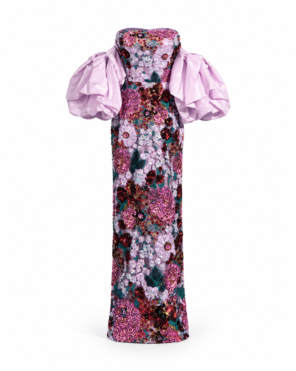 Lilac Noir Floral Puff-Sleeve Midi Dress