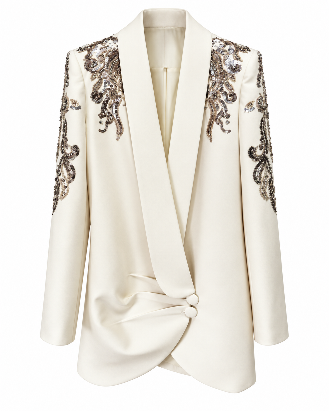 Ivory Scroll Draped-Waist Blazer