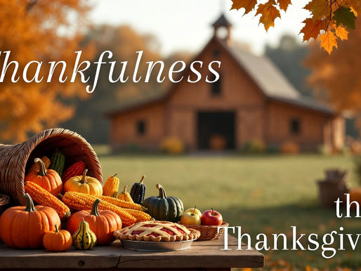 An autumn scene with a cornucopia, fall foliage, and the words Thanksfulness this Thanksgiving