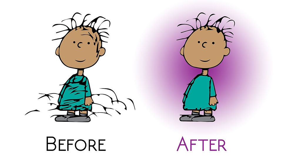 The aura of the Peanuts cartoon character “Pig-Pen” shown before and after giving violet flame.