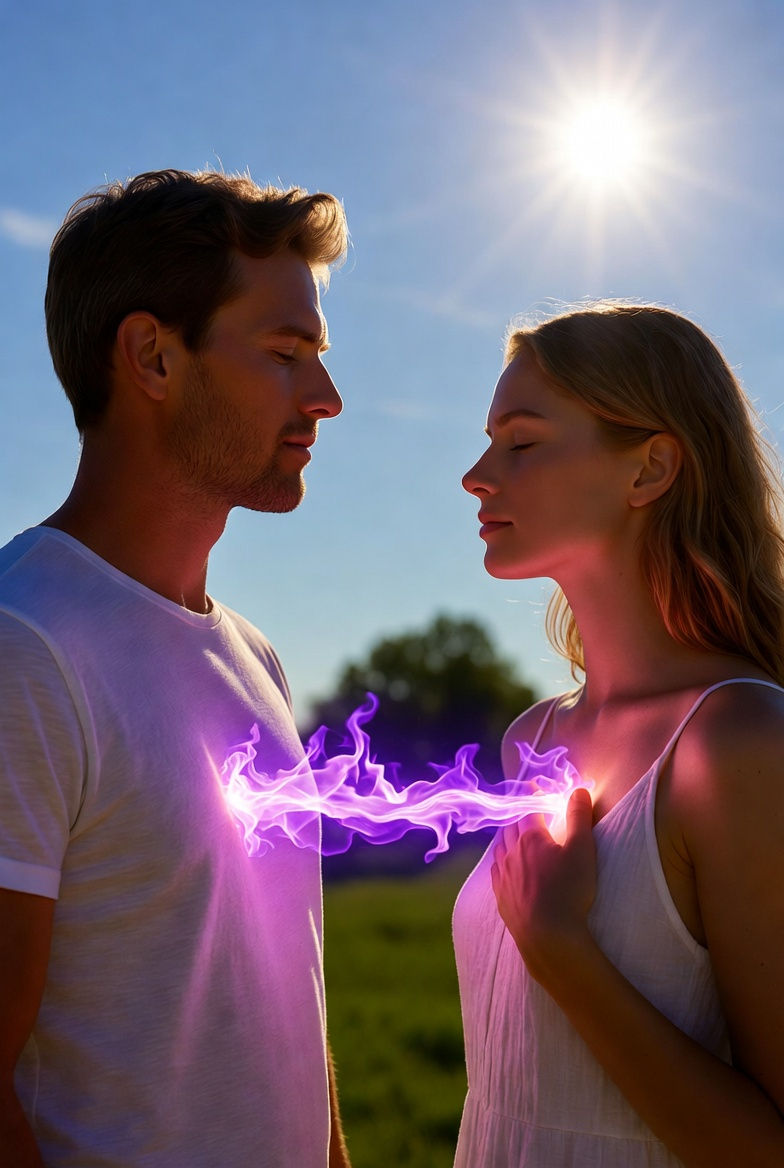 A young woman extends the violet flame of forgiveness from her heart to another. 