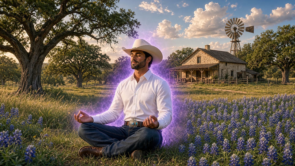 In a peaceful rural setting, a young cowboy sits in a yoga posture, immersed in violet flame meditation.