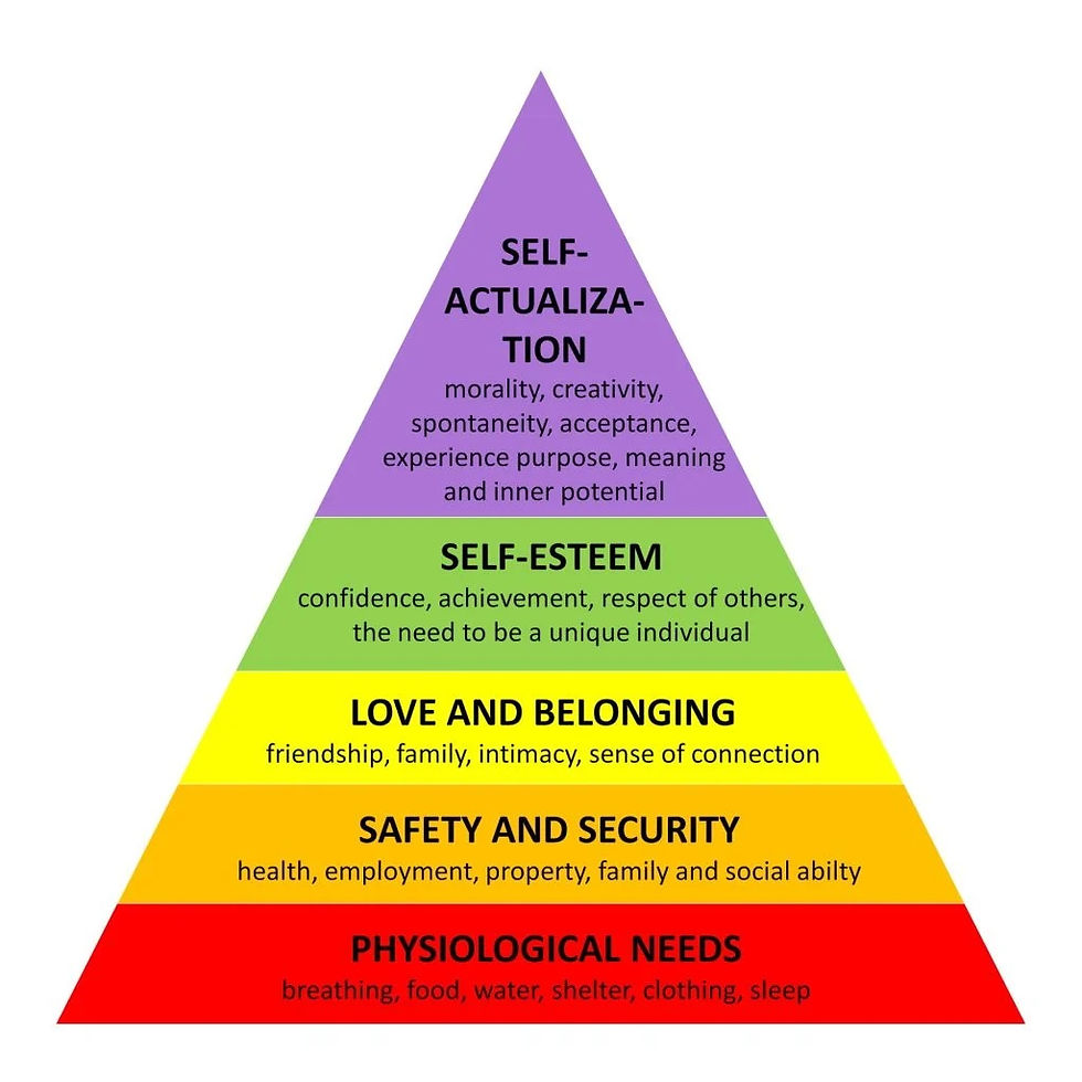 a chart illustrating Maslow's hierarchy of needs including physiological needs, safety and security, love and belonging, self-esteem, and self-actualization