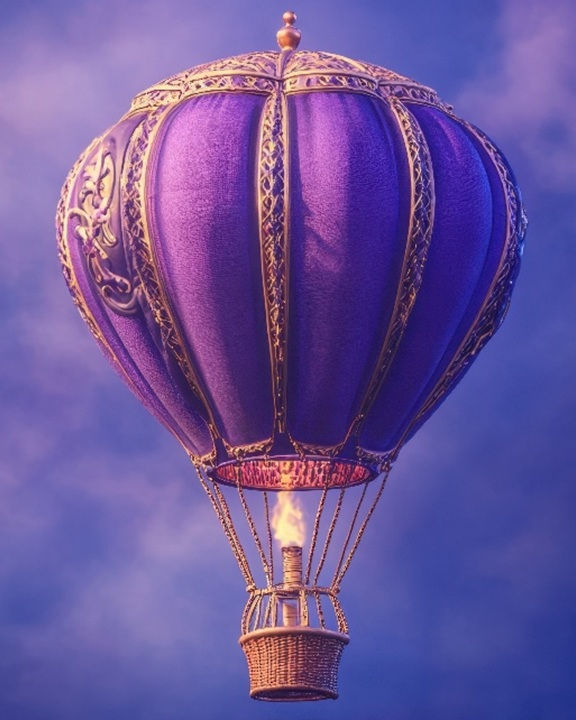 A purple hot air or helium balloon ascends high into the atmosphere 