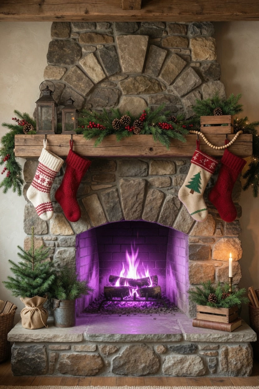 a stone fireplace with keystone arch, mantel, and hearth along with a violet flame fire burning in the fireplace
