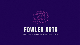 This picture shows fowler arts logo with text that reads Fowler Arts, the Logo is a light purple flower with a dark purple flower and white writing saying fowler arts.