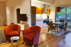 Velvet tub chairs and dining area