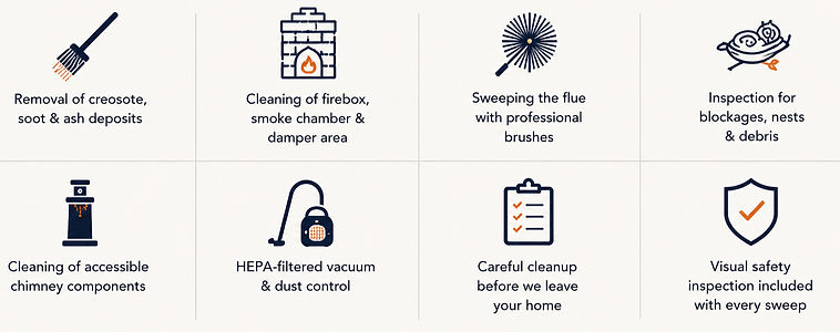 what is included in a professional chimney sweeping service, creosote removal, HEPA dust control, flue swept, inspection