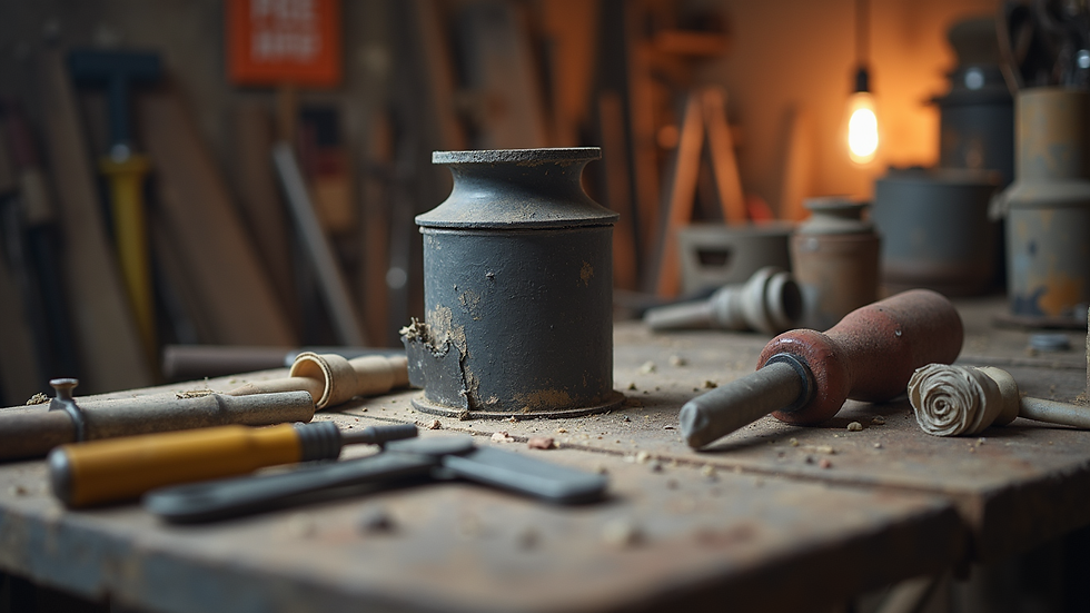 Eye-level view of chimney repair tools and materials on a workbench