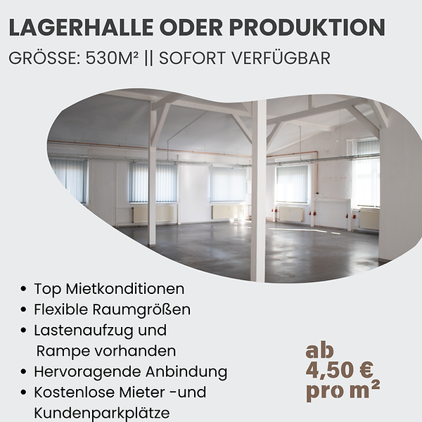 530 m² helle Lagerhalle mieten – vielseitig nutzbar als Lager oder Produktionsfläche mit Tageslicht und guter Anbindung