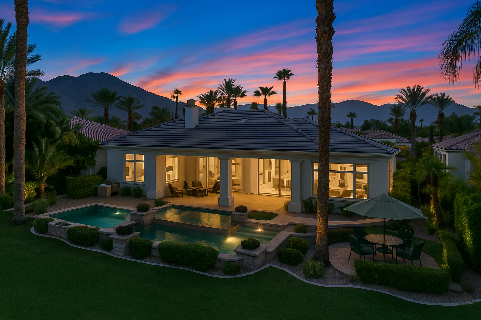 Lakeside desert home with palm trees and mountain backdrop in La Quinta.