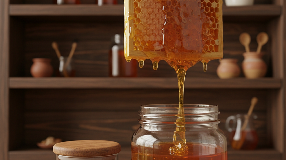 Close-up view of honeycomb dripping with golden honey