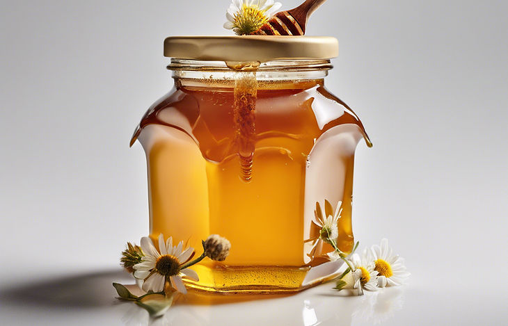 Clear honey in a jar with a wooden drizzler